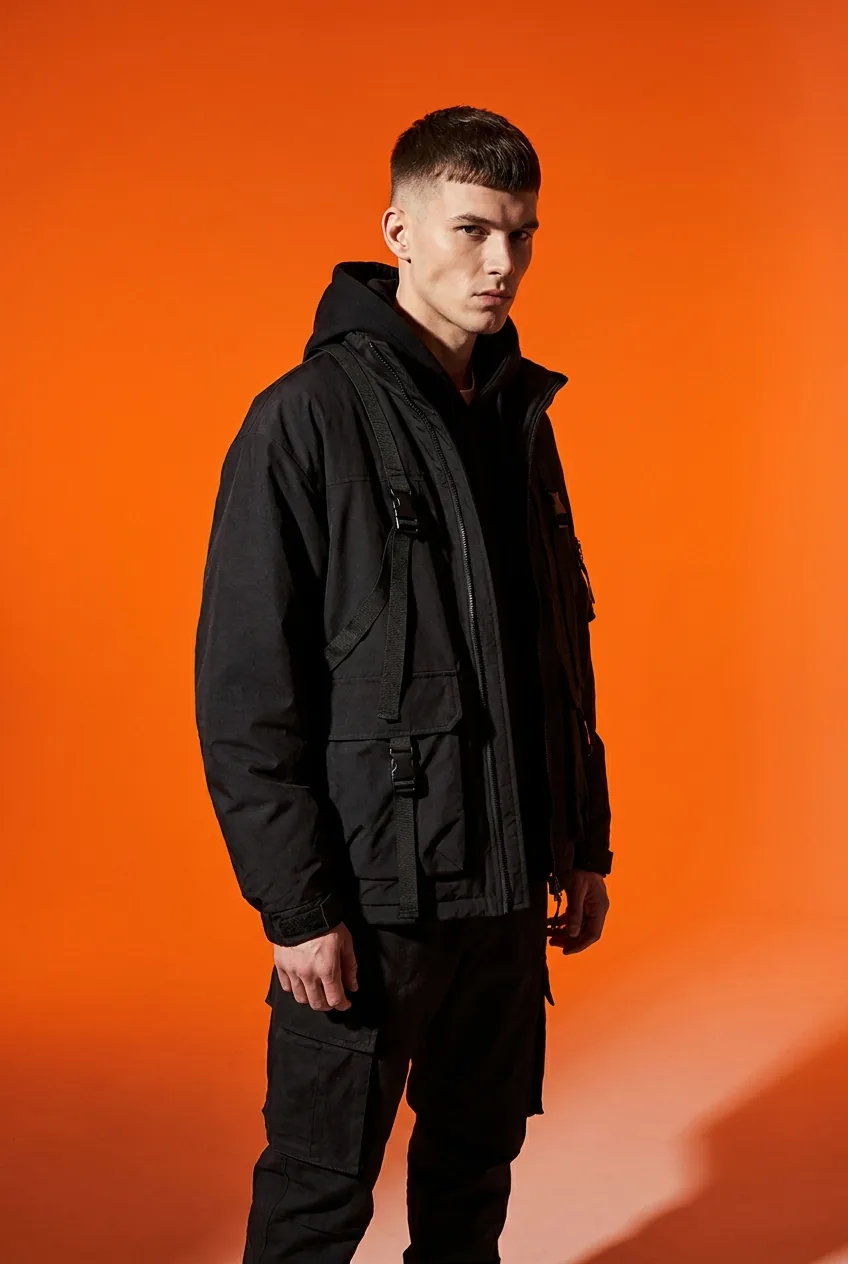 Model in a black field parka against a burnt orange backdrop